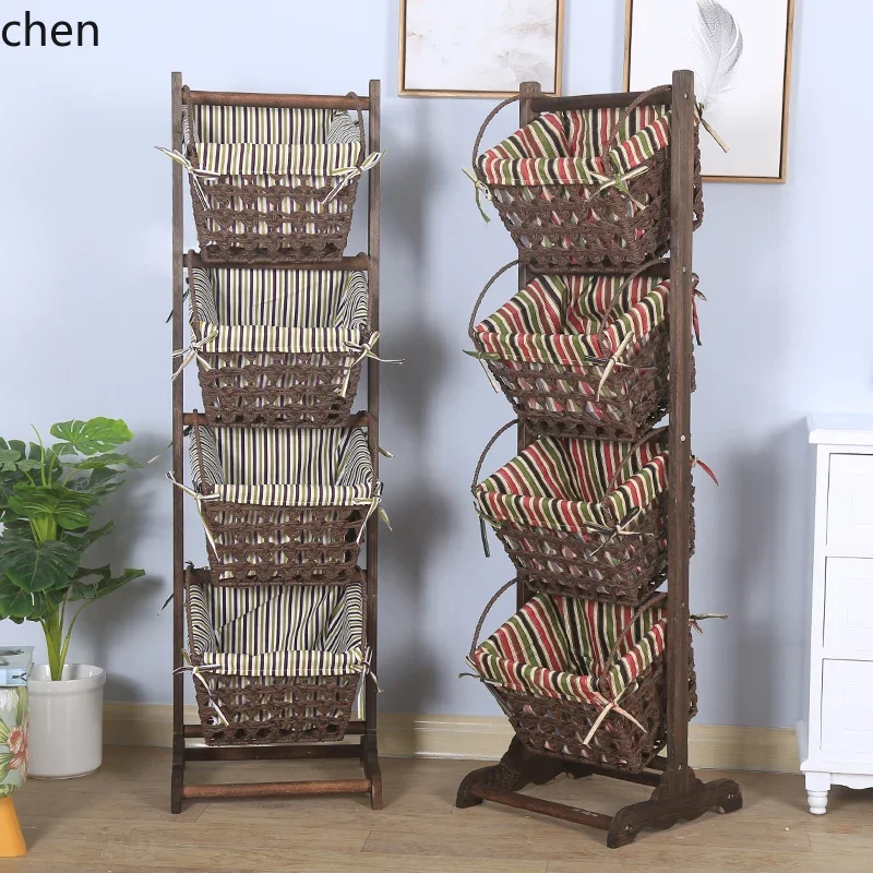 

L20- Solid Wood Storage Rack Fric Snack Basket Bookshelf Simple Modern Storage Rack Rattan Storage