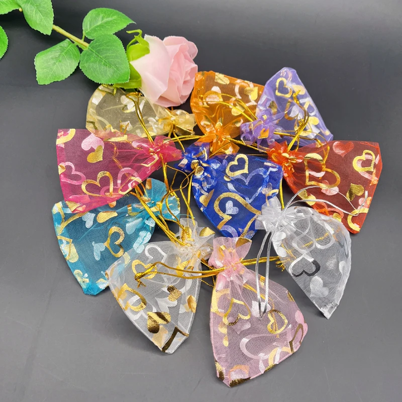 

100Pcs Gold Heart Drawstring Gift Bags Organza Bag 7x9 9x12 11x16 13x18cm Jewelry Packaging Favor Wedding Party Pouches