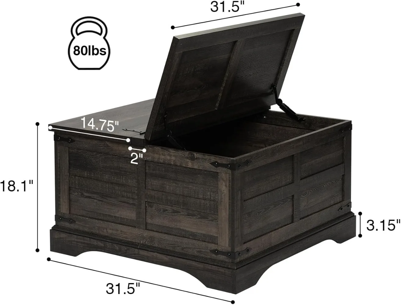 Farmhouse Coffee Table with Hinged Lift Top and Large Hidden Storage Compartment, Rustic Square Wood Central Table