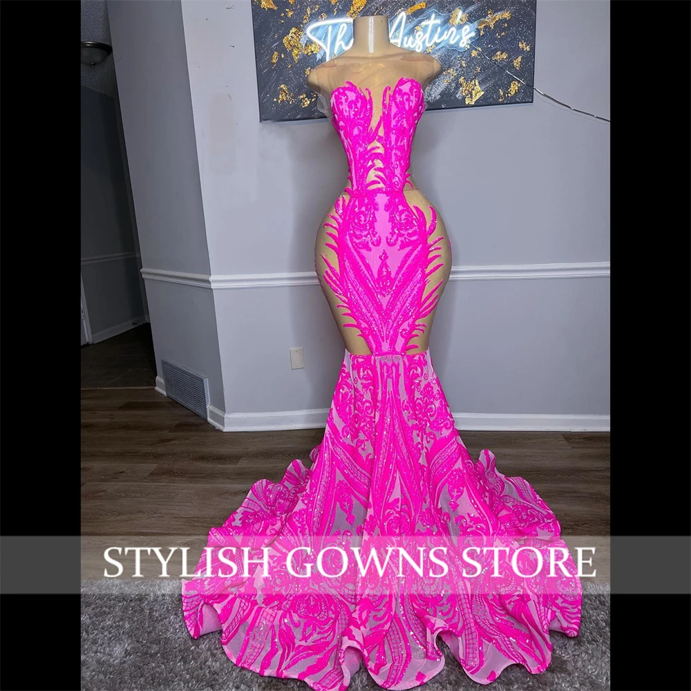 Pink Sheer O Neck Long Prom Dress For Black Girls Appliques Birthday Party Gowns Mermaid Evening Gown Sequined Formal Dresses