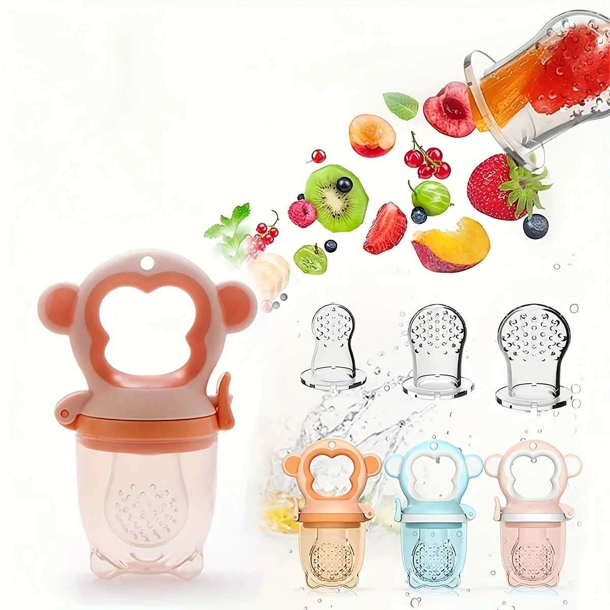 4pcs/set Monkey-Shape Baby Fruit Feeder with Easy-Handle Ring & 3pcs Silicone Mesh Bags-Size S, M, L