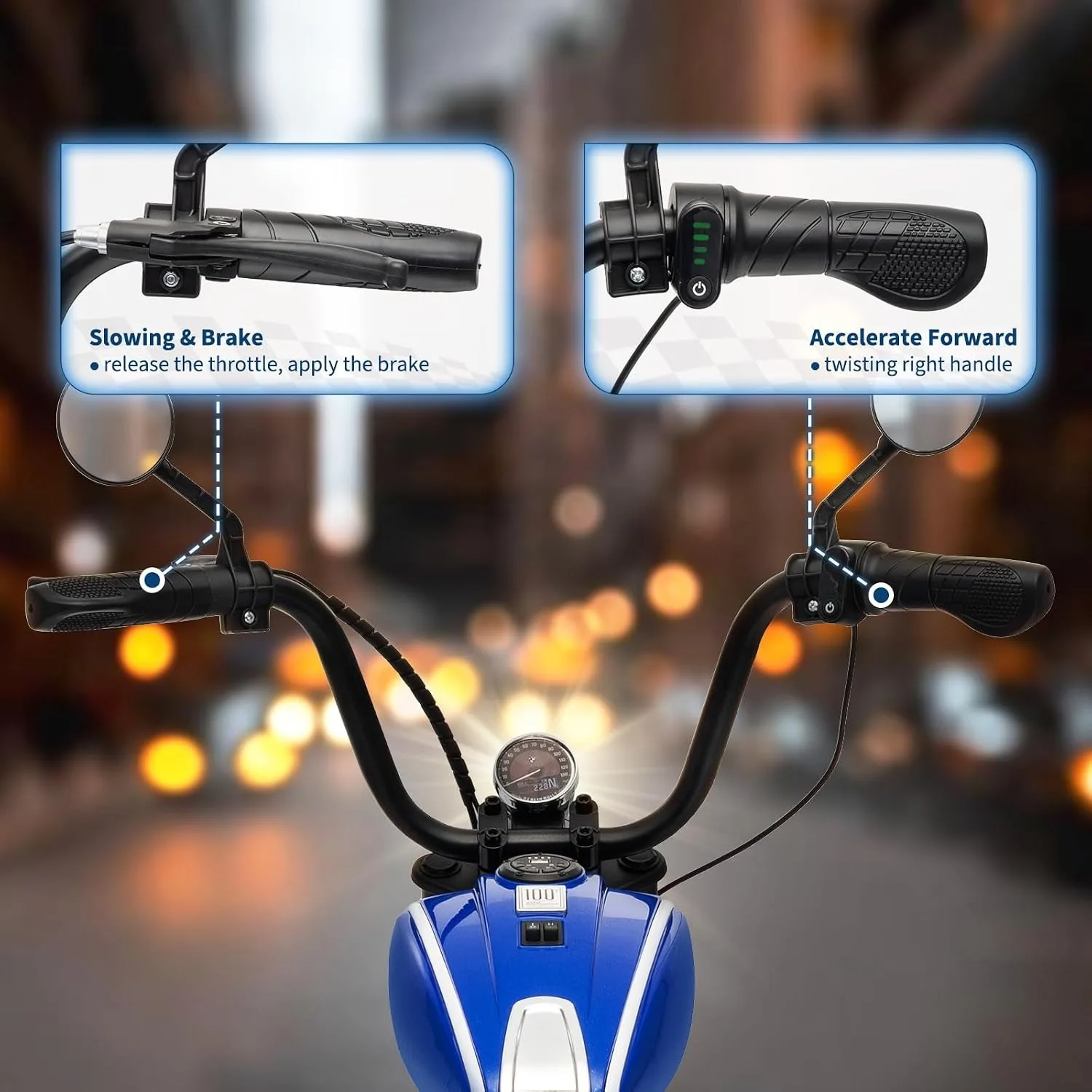 24V Kids Electric Ride On Motorcycle with 200W Brushless Motor 7Ah Battery Training Wheels 12 Inch Air Filled Tires Rear Drum Brake LED Headlight RGB Lights and Power Display for Ages 5 to 14