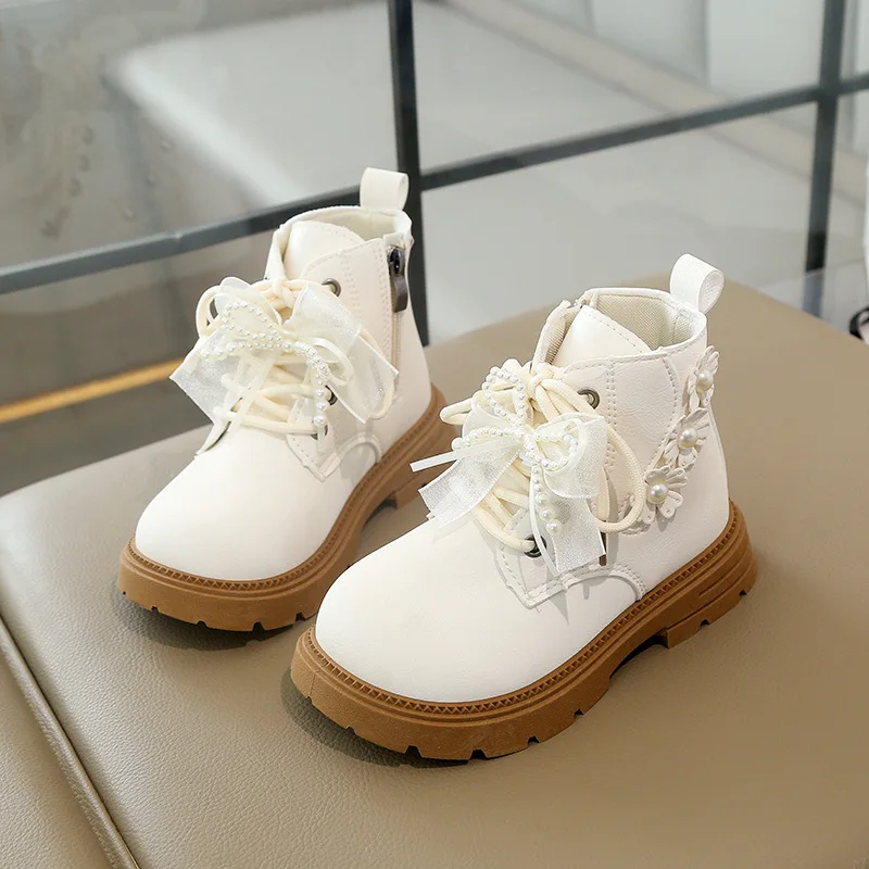 Girls Bow & Pearl Decor Ankle Boots Lace-Up Side Zipper Princess Booties Non-Slip Rubber Sole Boots for Little & Big Girls