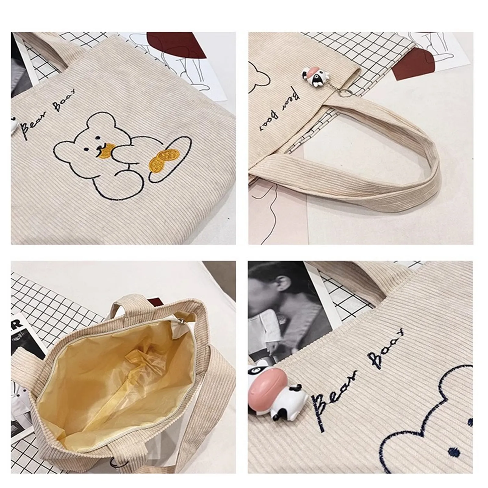 Corduroy Cloth Bag For Women Cute Bear Shoulder Bag Portable Student Large Capacity Tote Bag Japanese Literary Simple Handbag