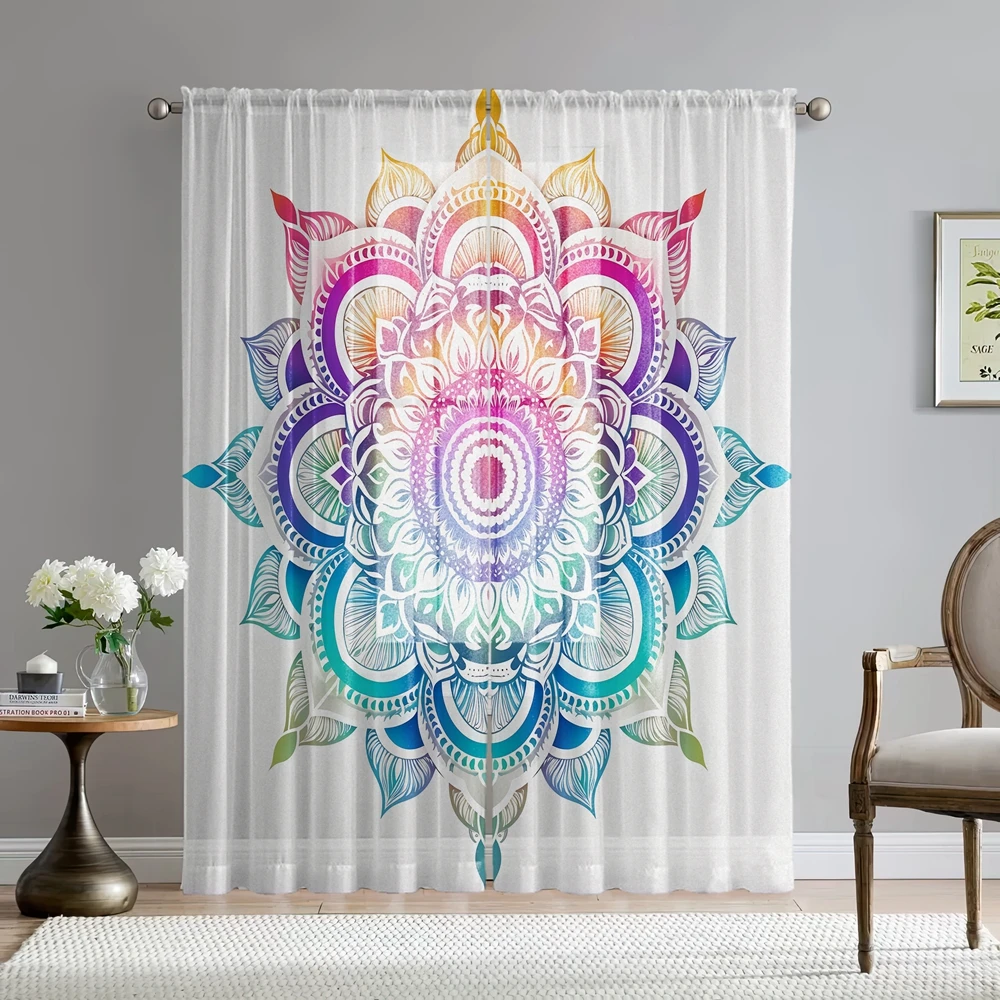 2 Pieces HD Digital Mandala Floral Printed Window Screen Home Decorating Style Decorative Living Room Bedroom Rodding Curtain Ef