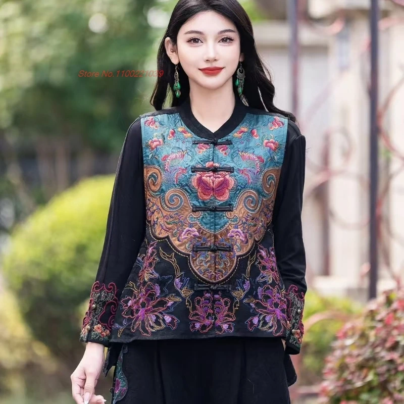 2025 chinese vintage satin jacquard folk vest national flower embroidery stand collar vest hanfu tops oriental sleeveless jacket