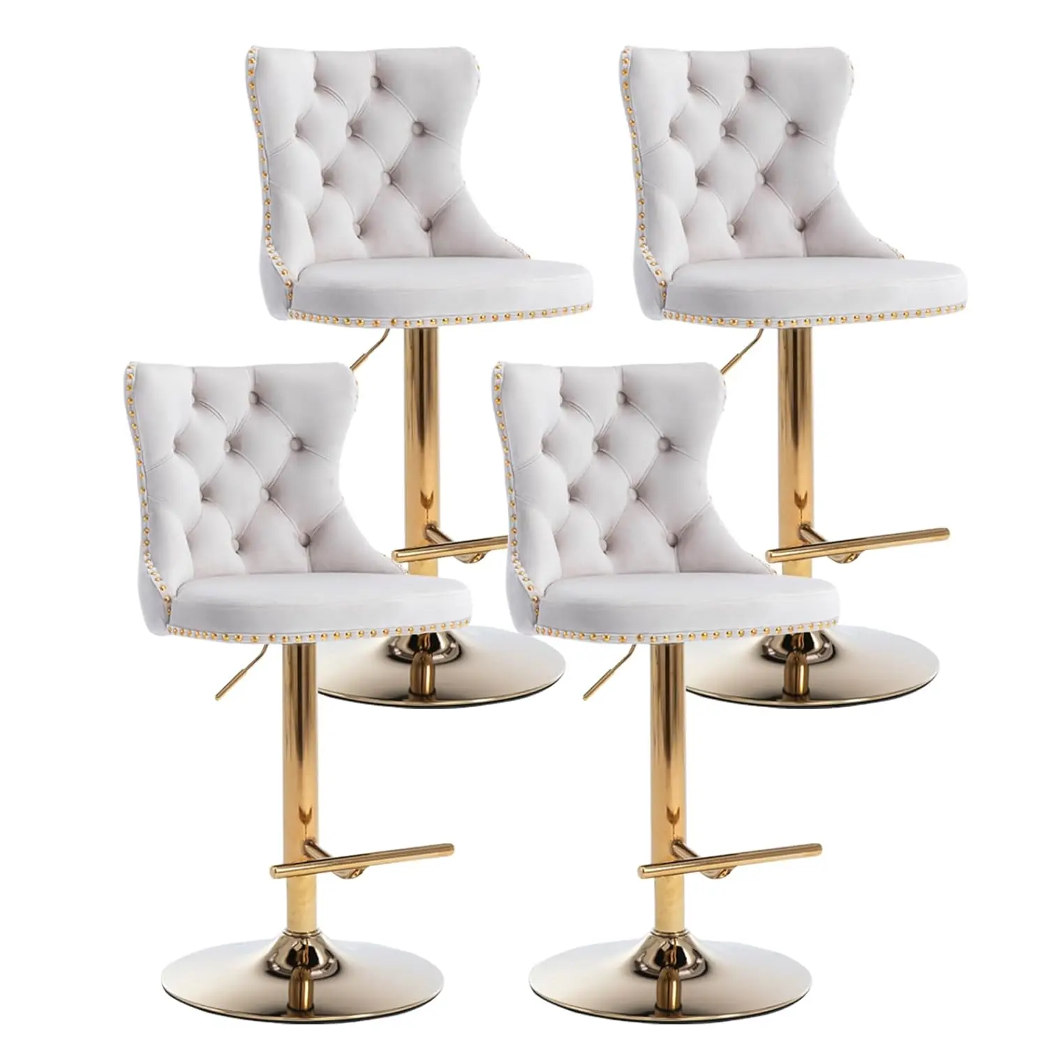 

Beige Bar Stools Set Of 4, Adjustable Upholstered Counter Height Barstools With Back And Gold Footrest, Modern, Customized