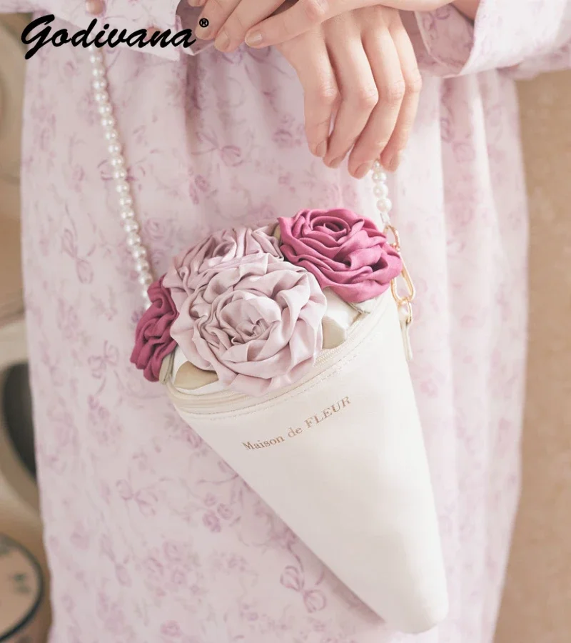 Japanese Style New Fashion Ice Cream Cylinder Bouquet Shoulder Bag Sweet Lady Girls Pearl Chain Crossbody Small Leather Bags