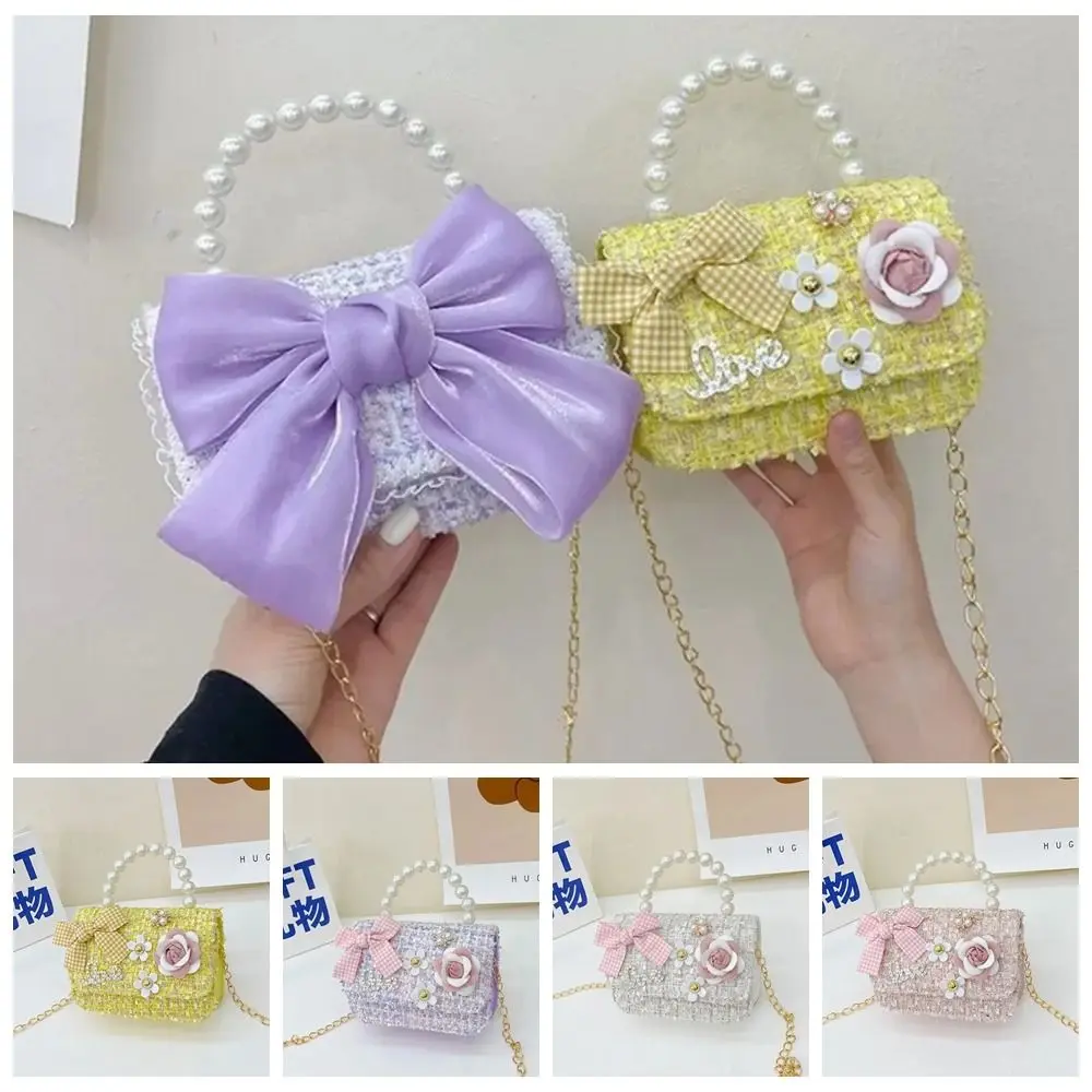 Cute Synthetic Leather Princess Bag Pearl Decorated Handheld Pearl Handbag Children's Fashion Bag Girl