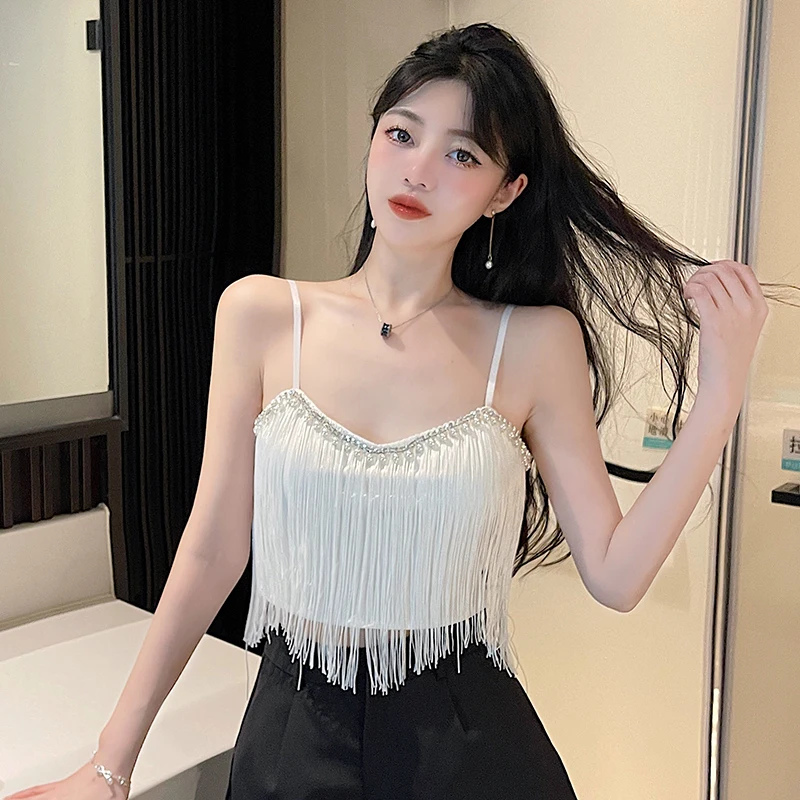 2023 Tassel Beading Mini Camis Off Shoulder Backless Sleeveless Slim Women Summer Fashion Hight Waist Sweet Sexy Top