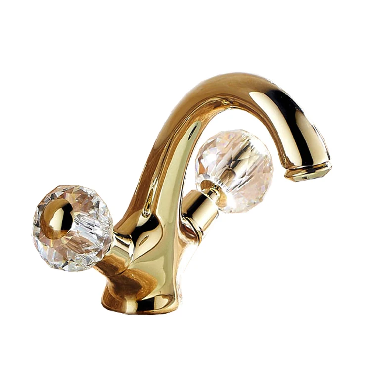 Gold Color Wash Basin Faucet, Luxury Brass, Hot and Cold, Crystal Handle