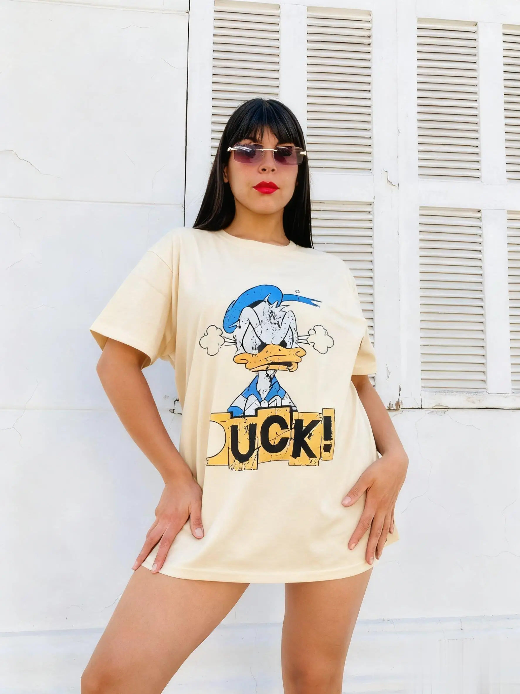 Camiseta con estampado de pato Donald enojado de Disney para mujer, Tops informales holgados de algodón de manga corta, ropa de calle de dibujos animados Y2k