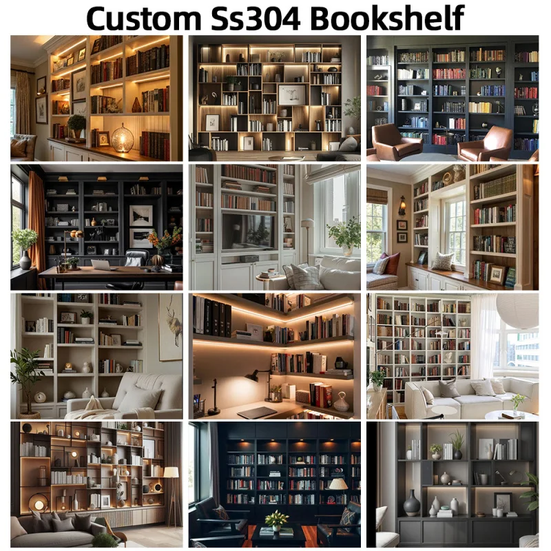 Estante de Livros Estilo Europeu em Aço Inoxidável SS304 com Porta de Vidro Antiferrugem Dobrável para Estudo, Quarto e Sala de Estar