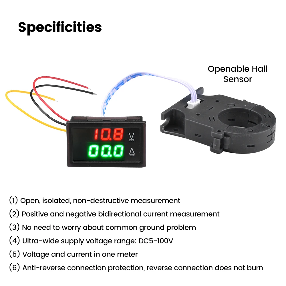 Hall Ammeter Voltmeter DC 0-300V 50A/100A/200A/400A Isolation Type LED Dual Digital Display Voltage Current Meter