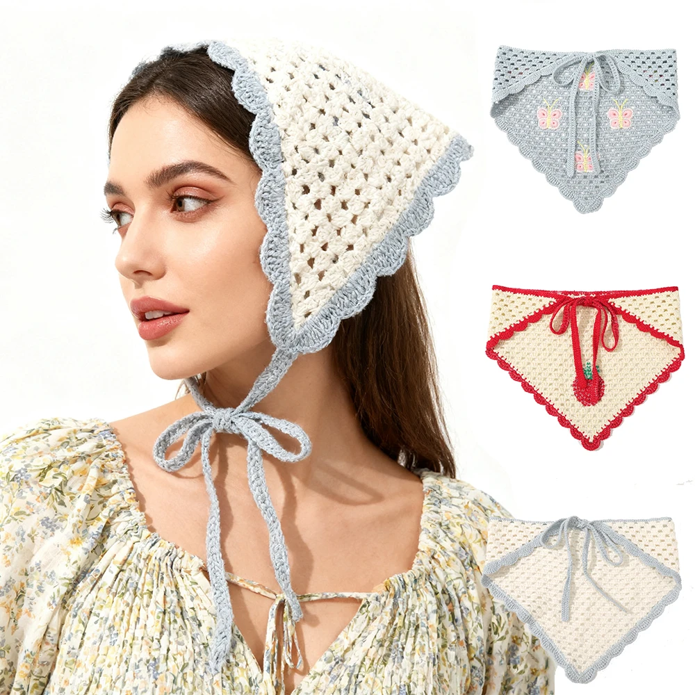 

3шт деревенская мода ‌ Вязаная крючком бандана, шарф для волос с вишневым цветком, вязаные повязки на голову с цветочным принтом, ретро-тюрбан, повязка для волос, аксессуары для волос