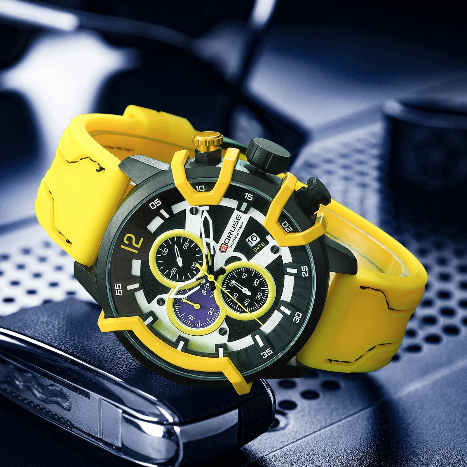 BORUSE Fashion Chronograph Yellow Men Quartz Wacthes  Luxury Male Silicone Wrist Business Calendar Waterproof Mens Watch