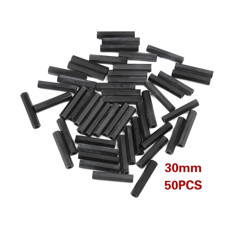 50PCS Black M3 Hex Nylon Standoff Spacer Column 20/25/30/35/40mm Flat Head Double Pass Nylon Plastic Spacing Screws