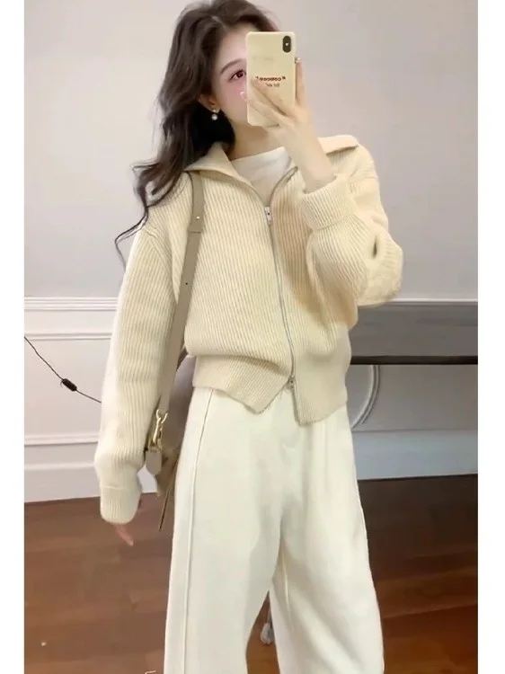 여성용 이중 지퍼 니트 오픈 가디건 부드럽고 편안한 스웨터 자켓 가을 겨울 패션 캐주얼웨어