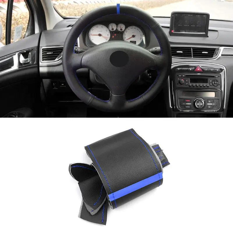 For Peugeot 307 2001 2002 2003 2004 - 2008 307 SW 2005-2008 Car Interior Steering Wheel Cover Microfiber Leather Trim blue strip