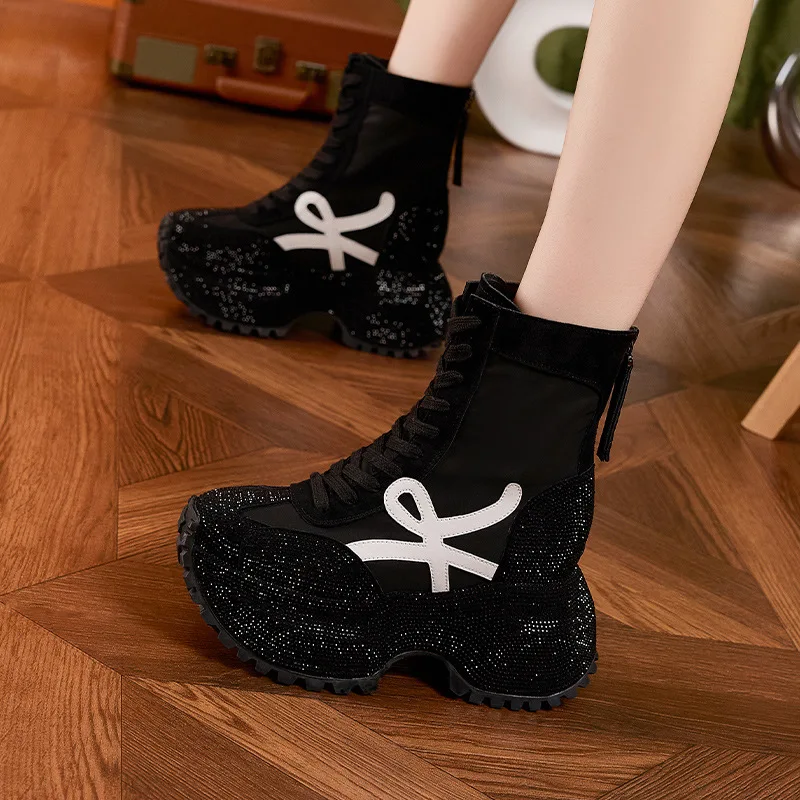 Women's Thick Sole High-top Fashion Boots Autumn New Comfort Leather Boots Rhinestone Trendy Casual Height Increase 10CM Shoes