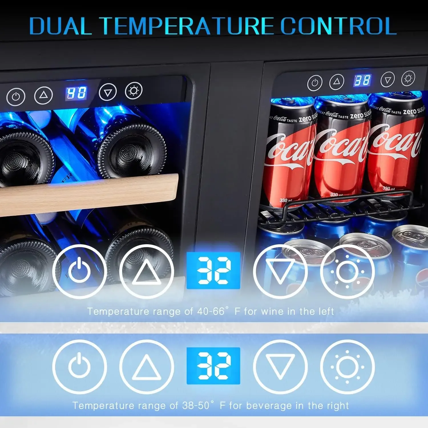 Wein- und Getränkekühlschrank, 24-Zoll-Weinkühlschrank mit zwei Zonen, 20 Flaschen und 78 Dosen, digitale Touch-Steuerung, integriert