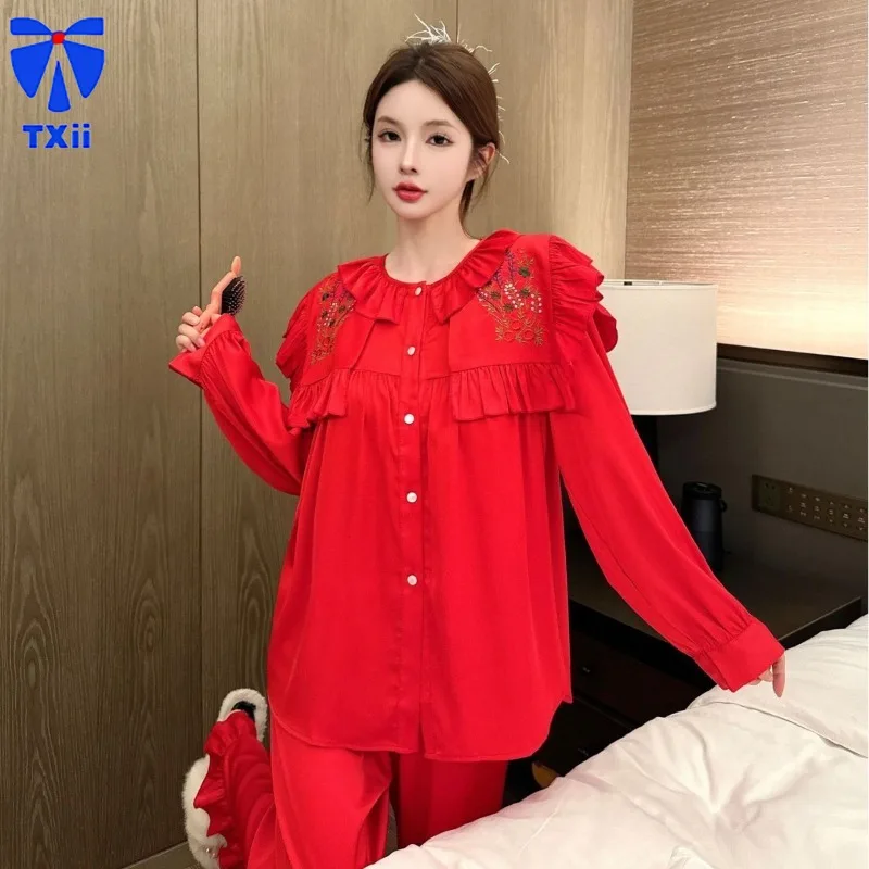 TXii Newlook Palace Style Girl Ice Silk Jacquard Autumn New Pajamas Women\'s High-end Bow Long-sleeved Home Clothes solid color