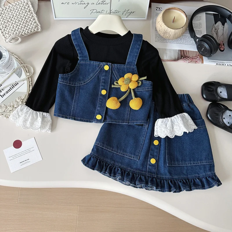 

Children's Outfit Skirt New Autumn Fashionable Stylish Denim Strap Dress Set with Base Shirt Retro Set for Girls