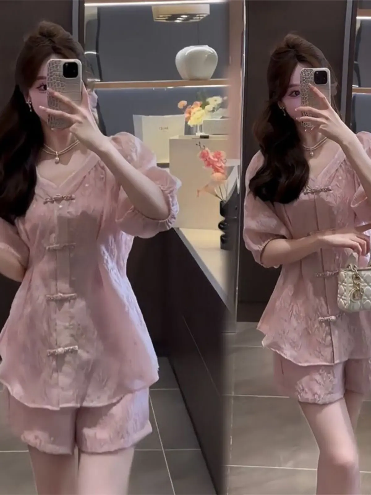 Fashion Suit Women's Summer Waist Cinching Slimming Shirt Top Shorts Fashion Age Reducing Two-piece Set