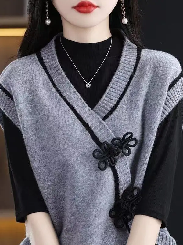 

Ele Knitted Vest Women's Faion Autumn Winter Outerwear Chinese Sle Self-Preserved Quali Button Detail V-Ne Sweater