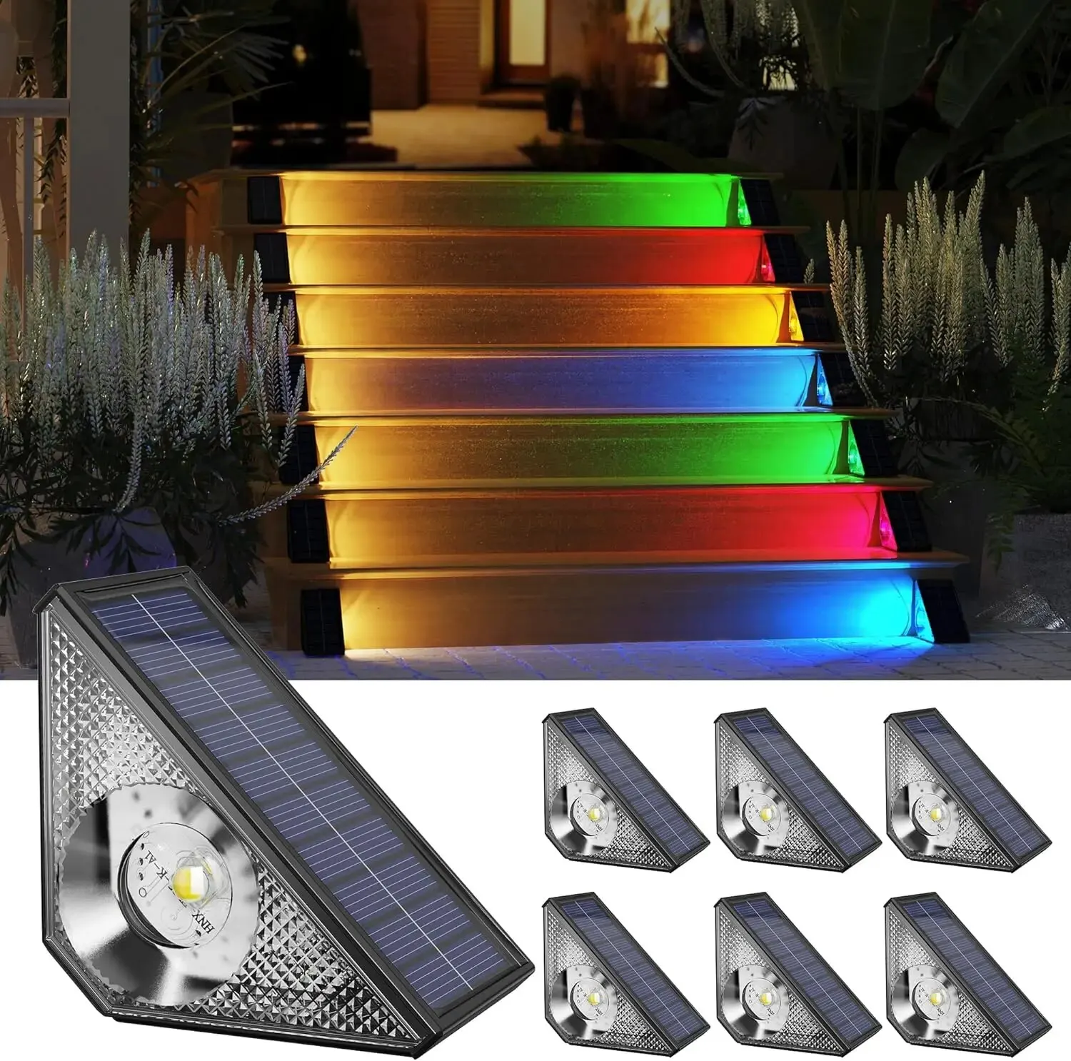 

6Pack Solar Step Lights Outdoor Waterproof Warm White & 7 RGB Colors IP65 LED Solar Powered Lights Decor for Stairs Deck