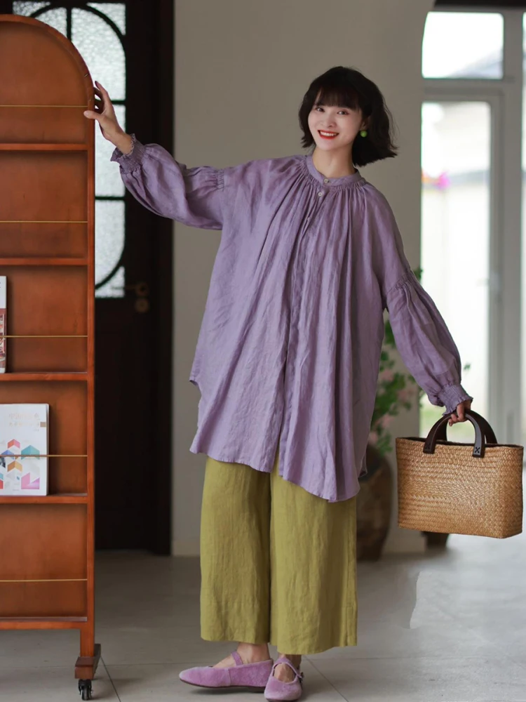 

Новинка Весна 2026: Женская художественная блузка Mude с дизайном «Колокольчики», льняная, фиолетовая, средней длины, дышащая, с длинным рукавом