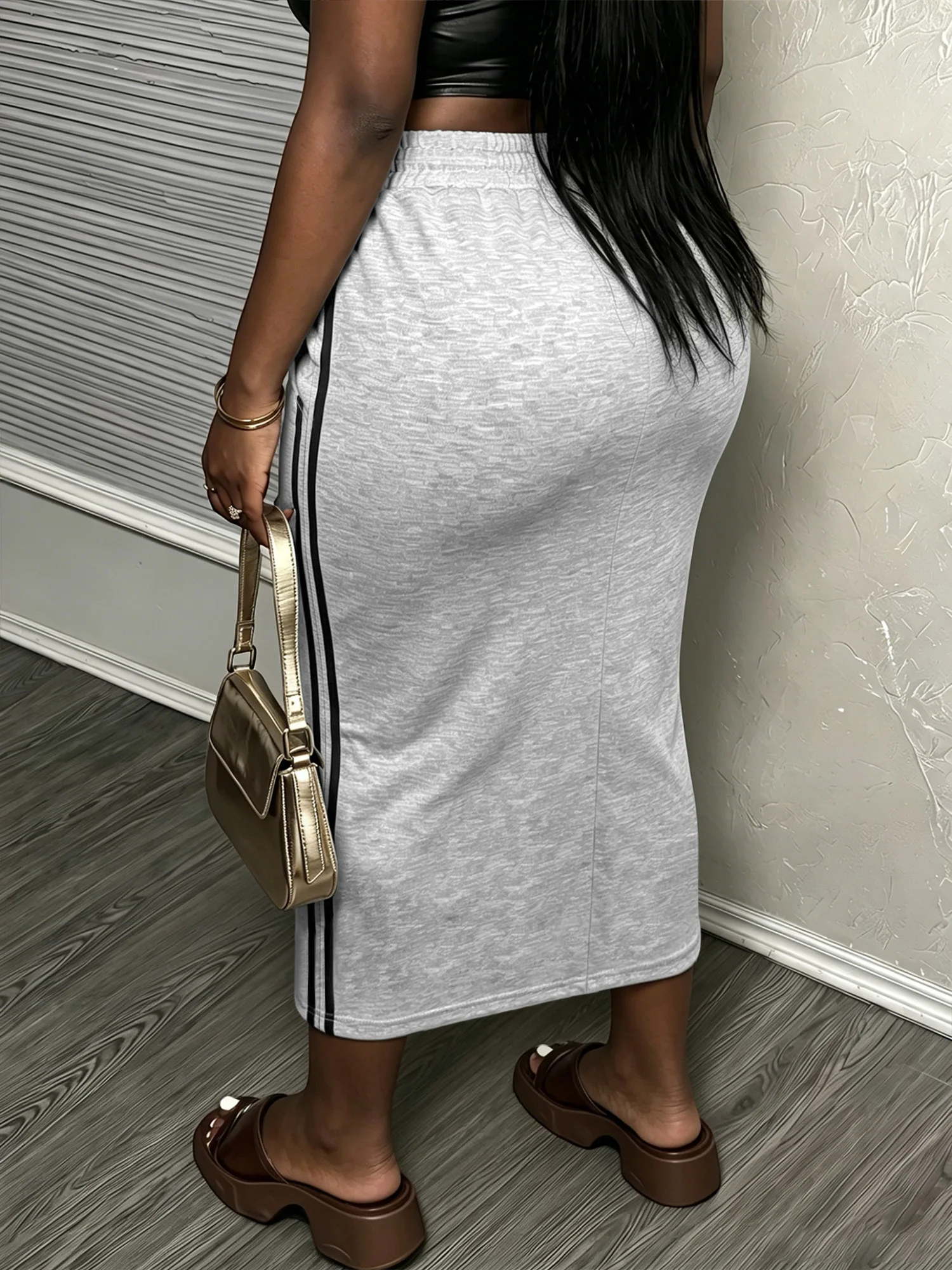 Gen Z Streetwear Split Hem Sweat Midi Skirt Dual Side Black Stripe High Waist Loose Hip Hop Long Skirt