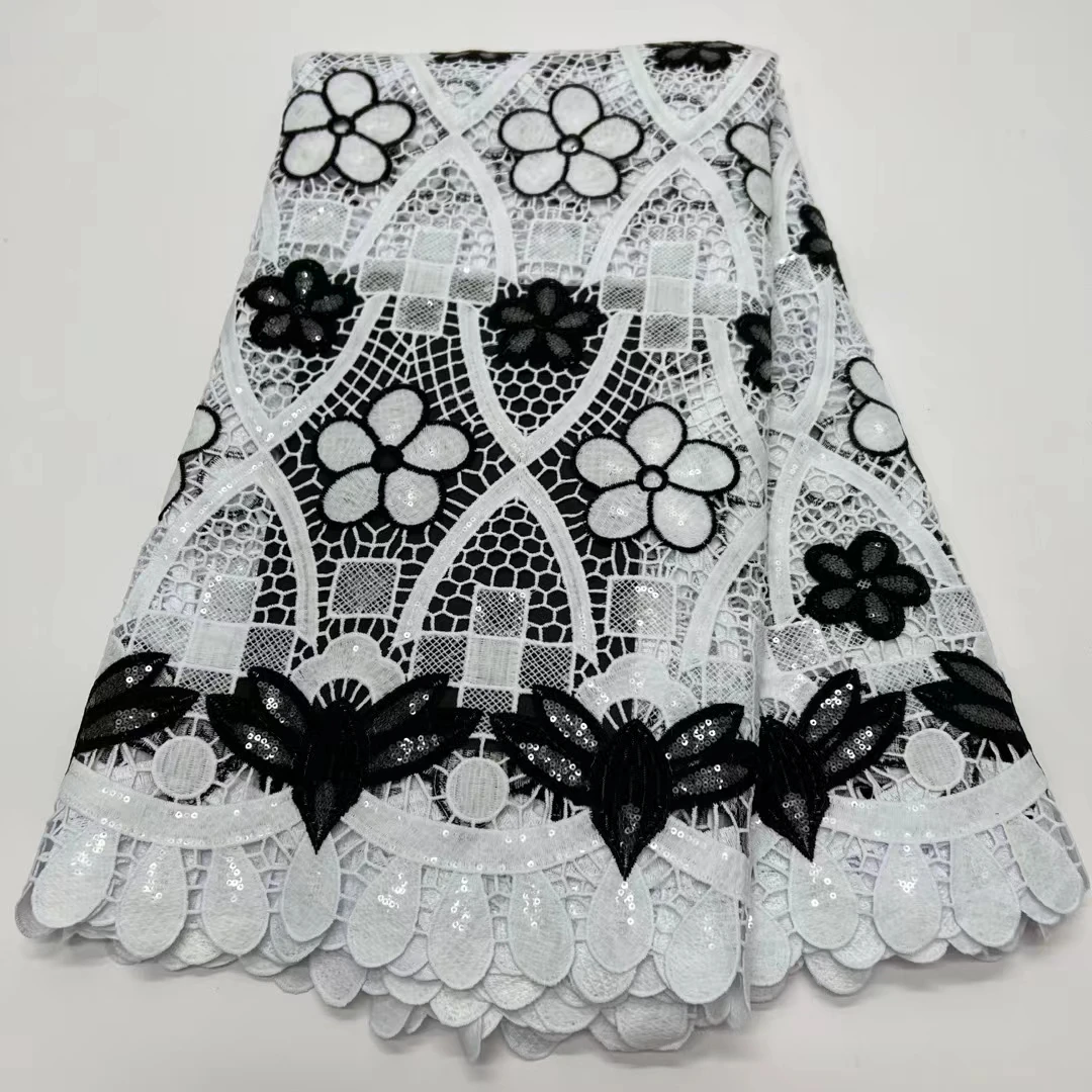 

2023 Latest Black Whilte Water Soluble Guipure Cord Lace Fabric French African Mesh Lace Fabric For Nigerian Party Dress KR2345A