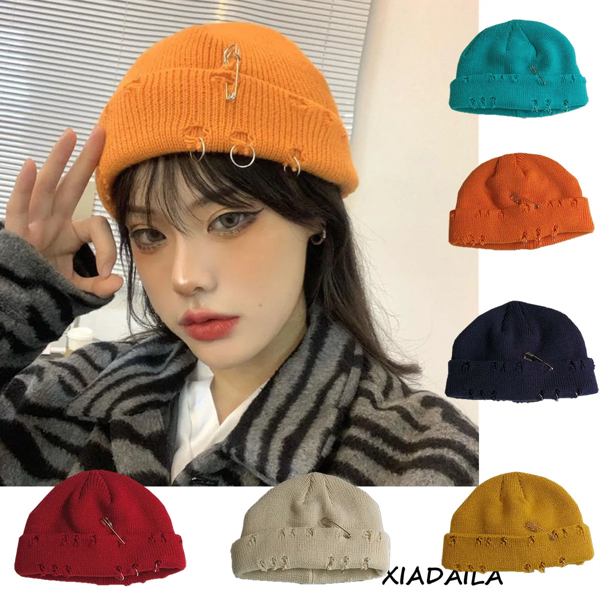 Winter Harajuku y2k Beanies Knitted Hat Women Fashion Warm Thick Gorro Men Hip Hop Pin Hole Skullcap Short Hat Unisex Basic Cap