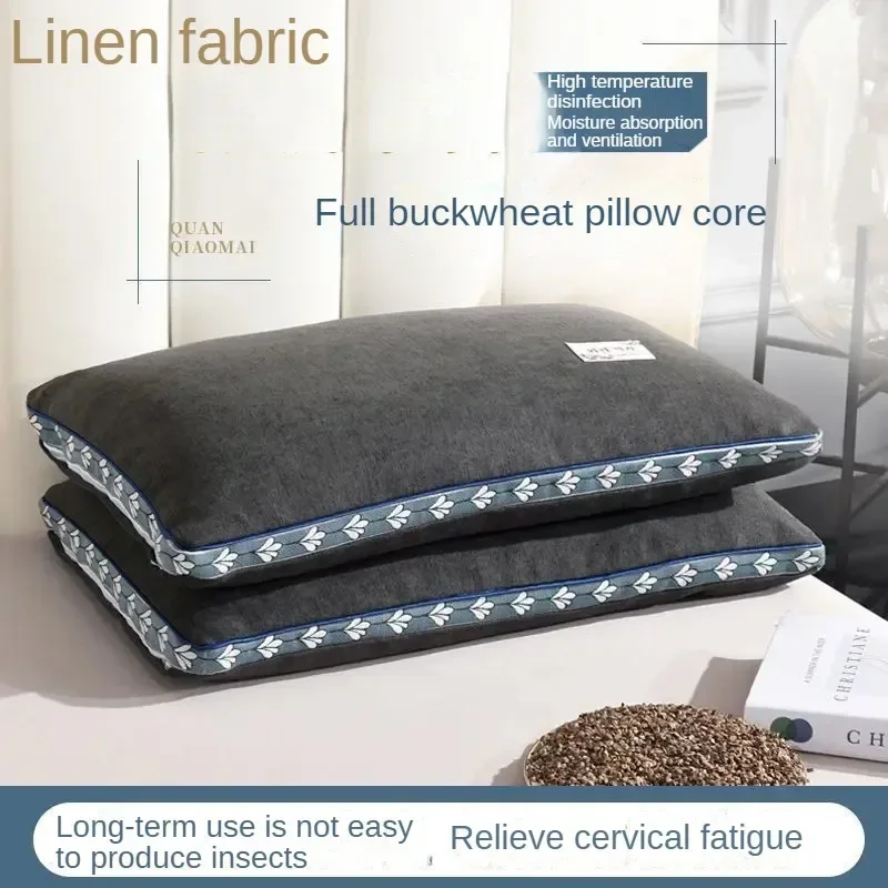 Natural Buckwheat Skin Pillow, Zipper Adjustable Height Neck Support Linen Pillow, Breathable and Cool Sleeping Bed Pillow