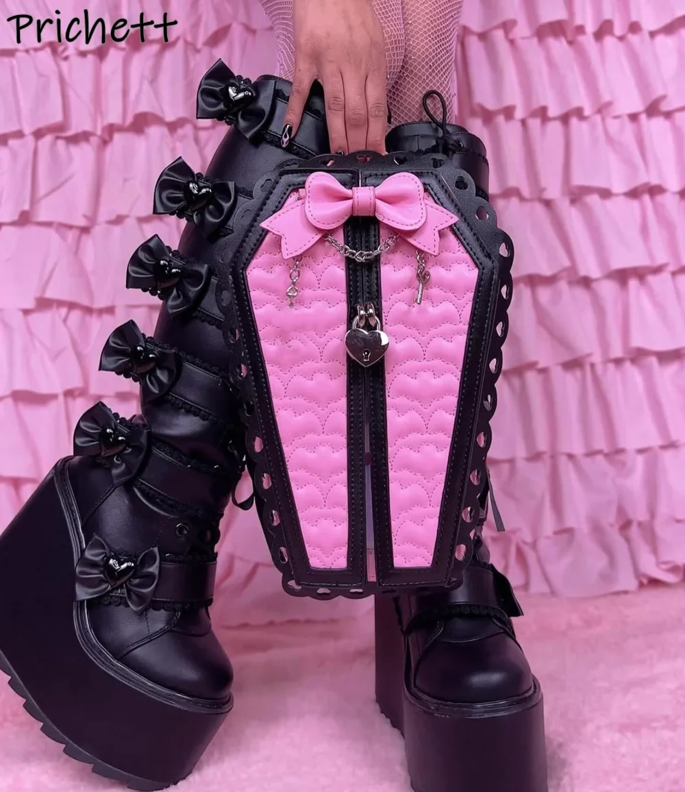 Schwarze Spitze-Schmetterlingsknoten-Stiefel, Plateau-Keile, dunkles Punk, Kreuz gebunden, Schnürstiefel mit mehreren Schnallen, solide, süße, coole Damenschuhe