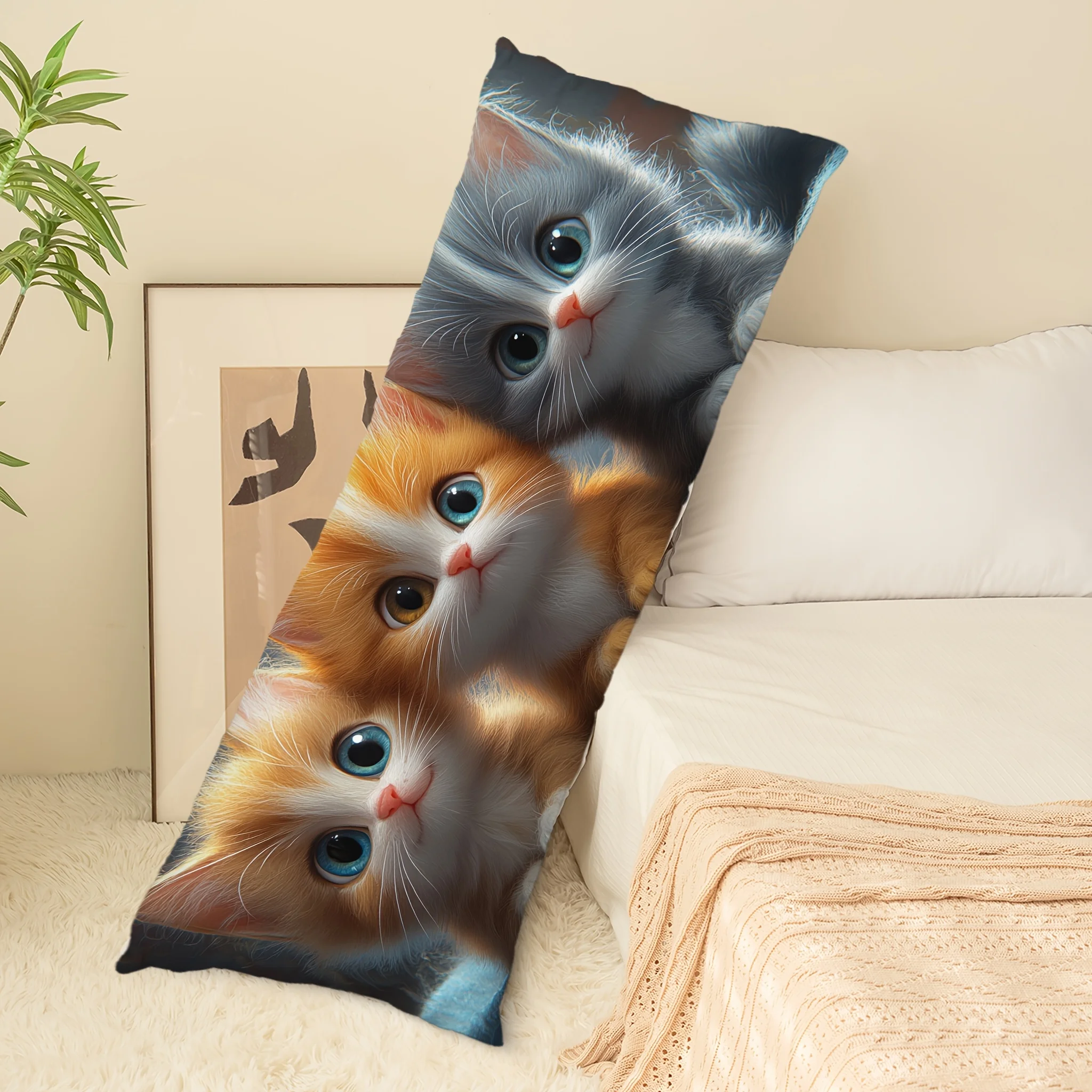 Cute Kitten Pattern Printed Long Pillowcase Zipper Closure, Hand Wash Only, Sweet Animal Design