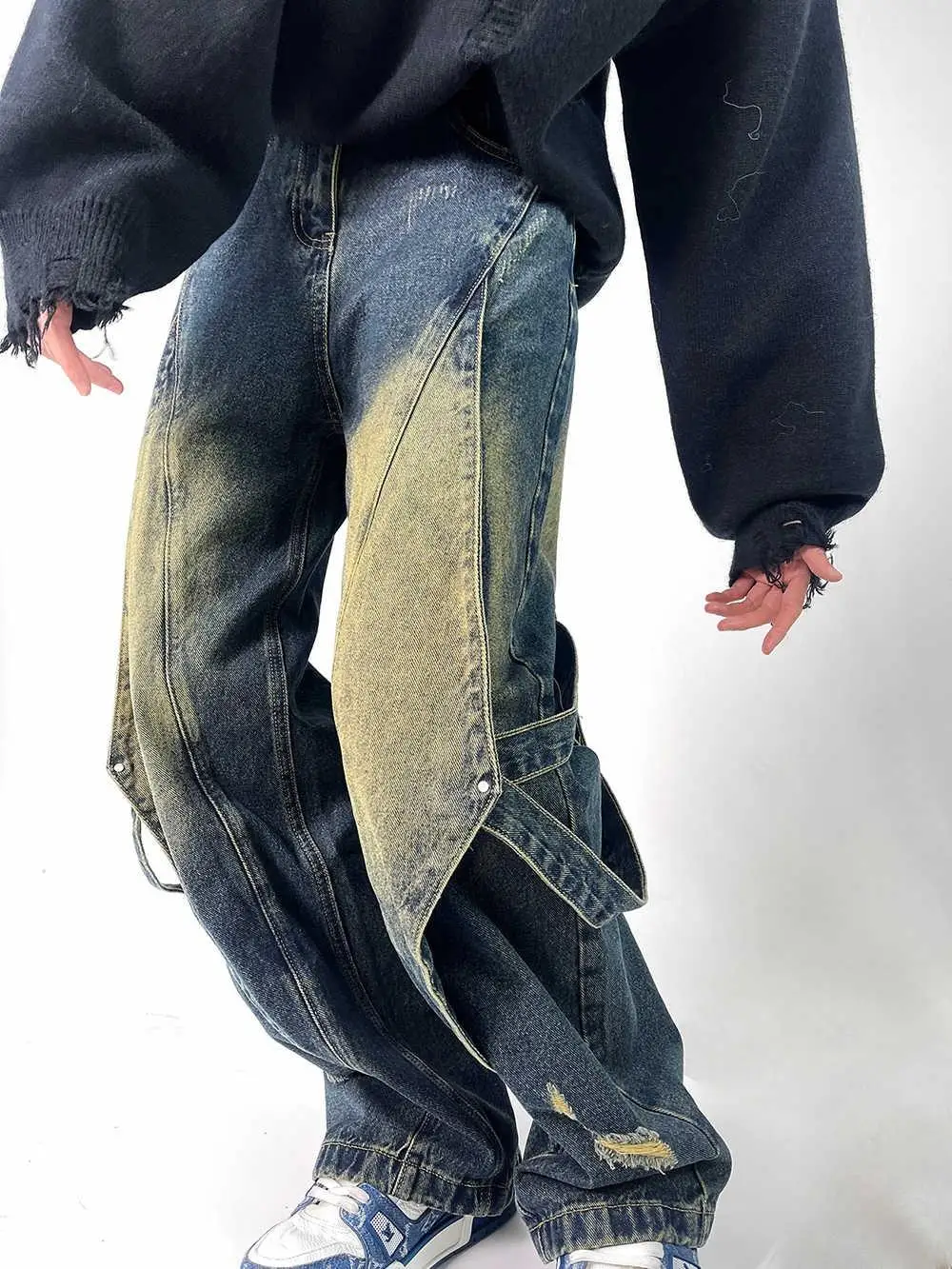 

Мужские джинсы из денима в американском ретро-стиле: оригинальный деконструированный дизайн, свободный крой, прямые штанины, универсальные, модные, длинные брюки.