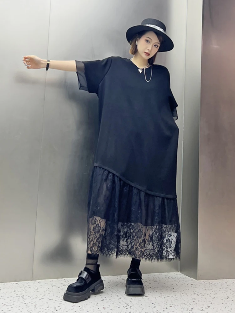 XITAO Black Casual Dress Loose Fashion Lace Patchwork Hem Loose Simplicity Women Short Sleeve Dress 2024 Summer New HQQ2330