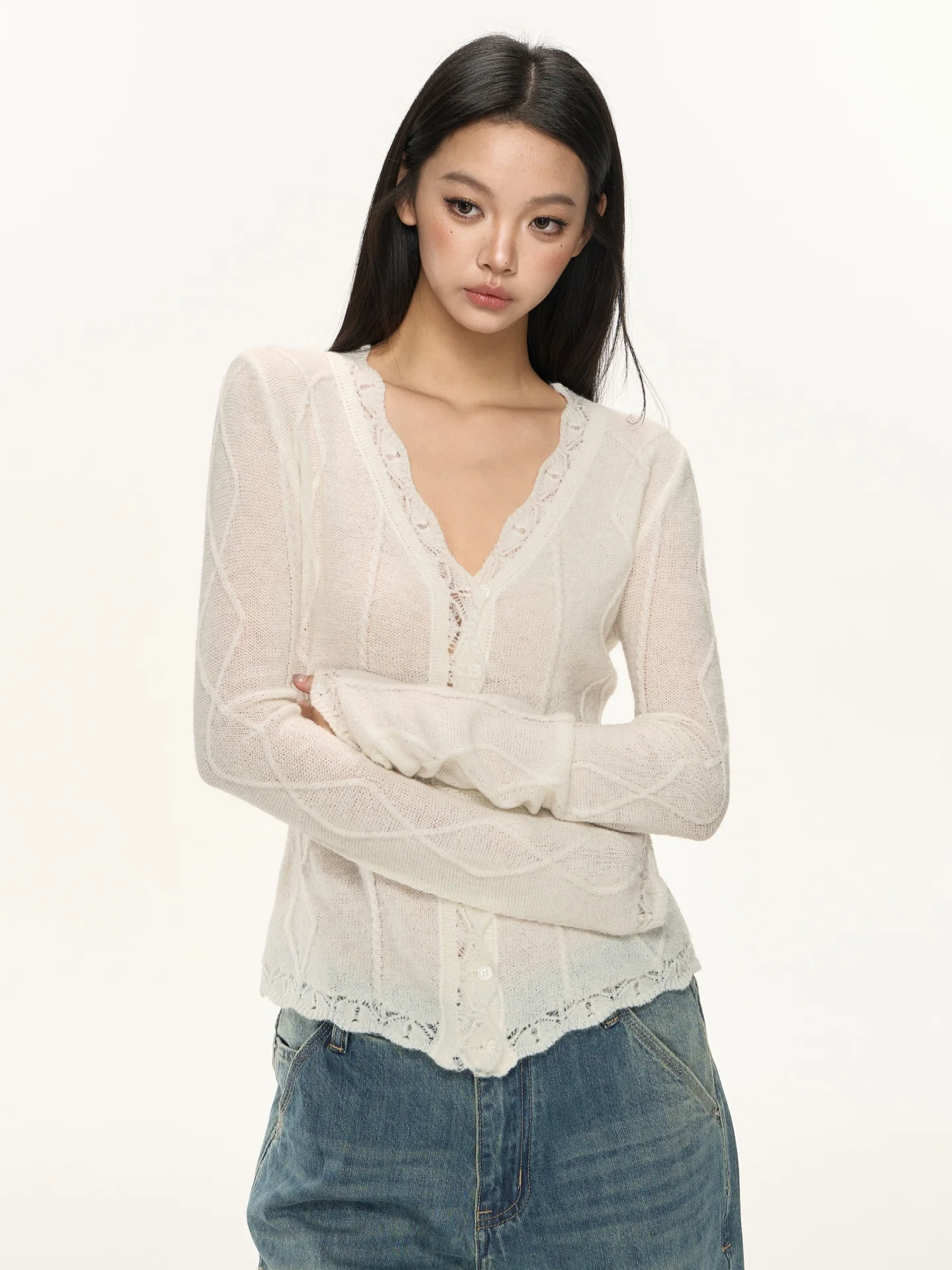 

Nova B Seoul Chapter Korean Sle Slim Fit Thin Knitted Sweater with Lace Trim Mohair Women's Long Sve V-Ne Cardigan