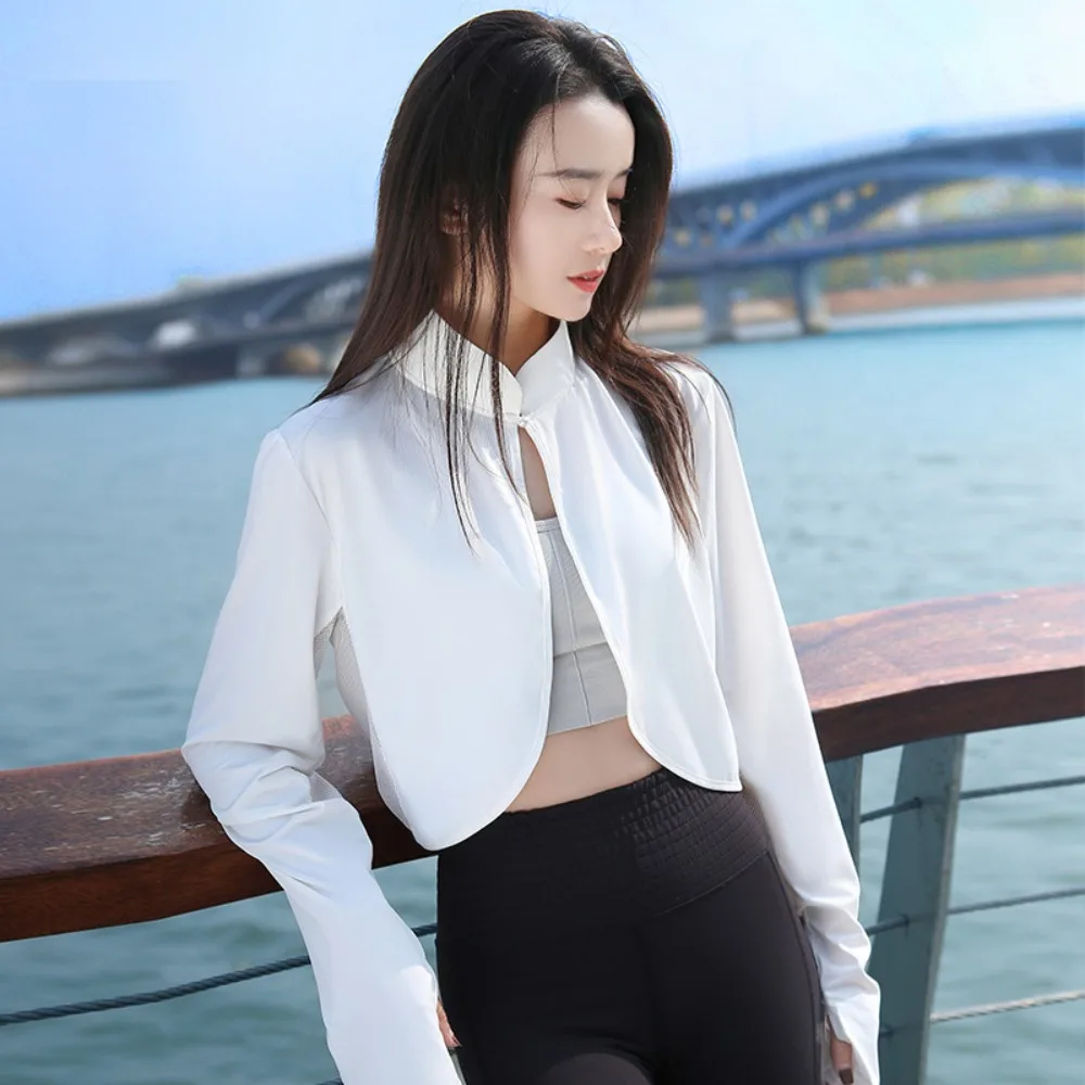 

Solid Color Sunscreen Shawl Long Sleeve Ice Silk Thin Crop Top Thin Fabric Breathable Long Sleeve Crop Top Sun Protection