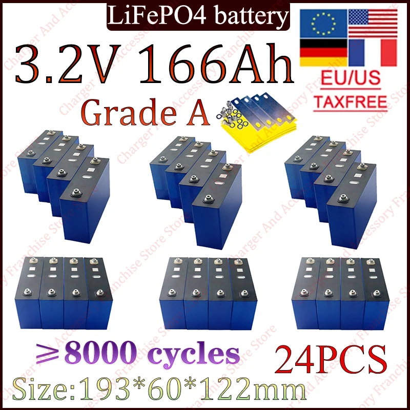 

24 шт., класс A, 3,2 В, 166 Ач, 170 Ач, аккумулятор LiFePO4, перезаряжаемый для электроинструментов на солнечной энергии RV, новый аккумулятор, бесплатный аккумулятор