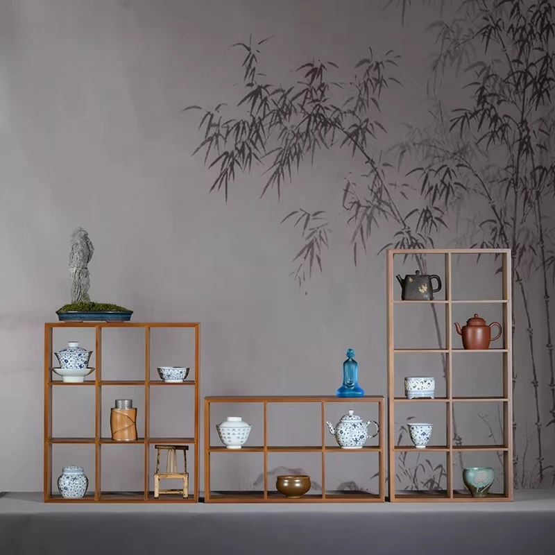 Bamboo Tea Set Display and Storage Shelf, Multi-Cube Grid Organizer for Teapot & Cups, Vintage Style Wall or Tabletop Stand