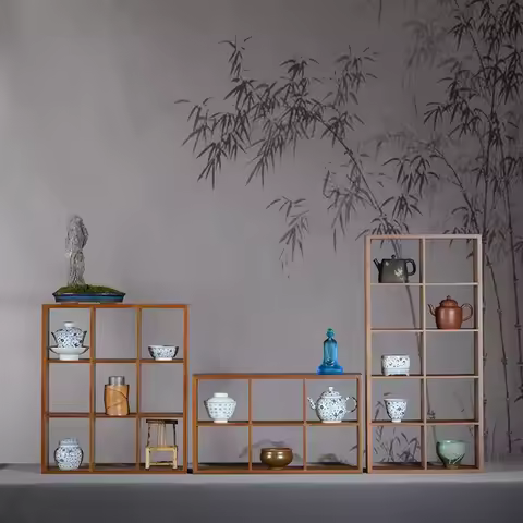 Bamboo Tea Set Display and Storage Shelf, Multi-Cube Grid Organizer for Teapot &amp; Cups, Vintage Style Wall or Tabletop Stand