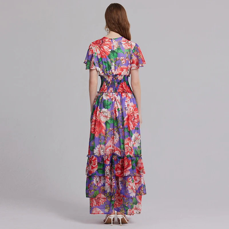 Robe maxi en mousseline de soie à fleurs pour femmes, sexy, col en V, imprimé, volants, taille haute élastique, bohème, longue, robe éducative, piste d'été, magnifique, vacances