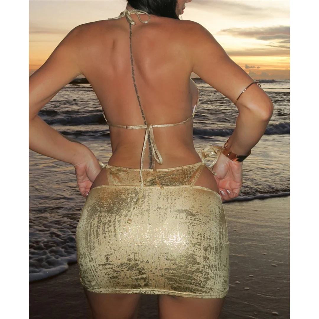 3-teiliges Set mit Rock, aus Kunstleder, Damen-Bikini, Damen-Badebekleidung, dreiteiliges Bikini-Set, mit Trägern, Badeanzug, Badebekleidung, Modell V8378. – Detail 3