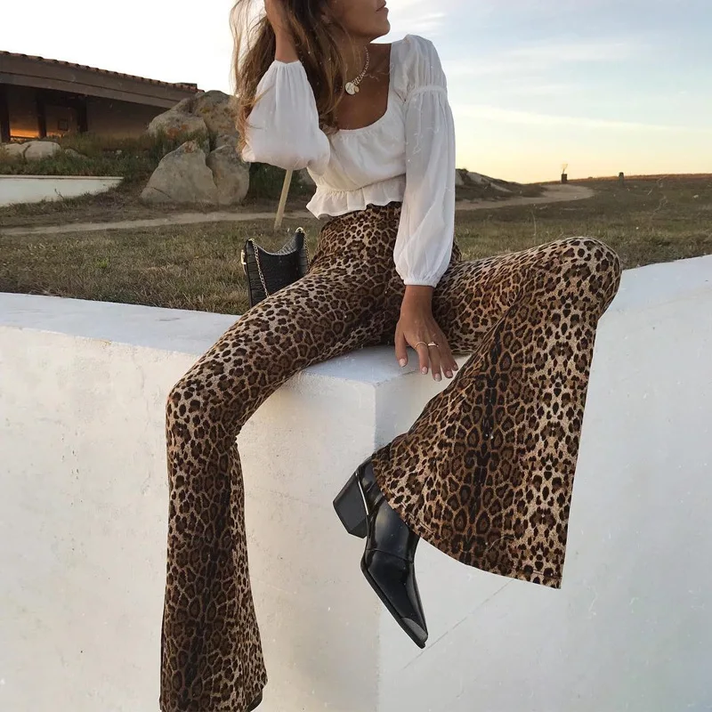 

Fashion Leopard Print Flares For Women Y2K High Waist Long Pants 2024 Spring Summer Vintage Elastic Streetwear Lady Chic Trouser