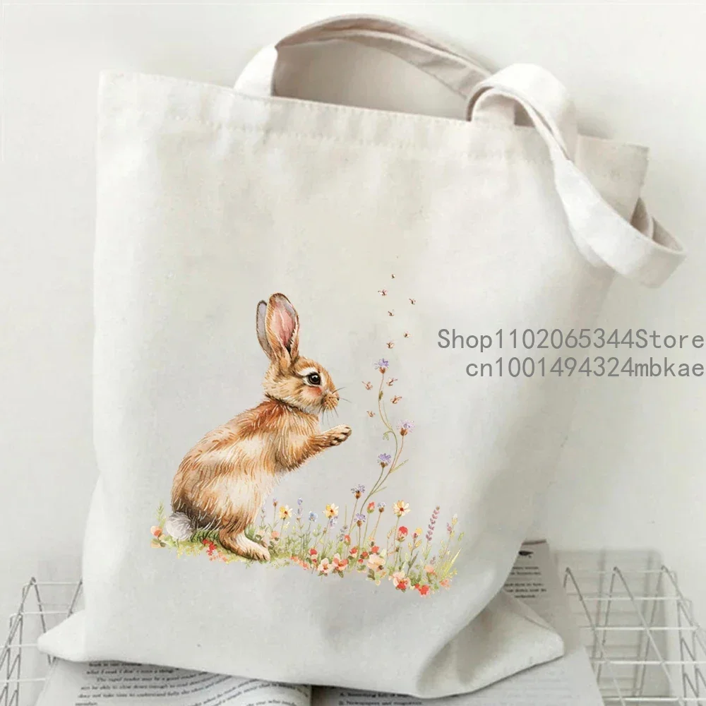 Canvas Tote Bag  Women Floral Watercolor Bunny Shopping Bag Cartoon Rabbit Graphic Student Casual Handbag Side Bag for Ladies