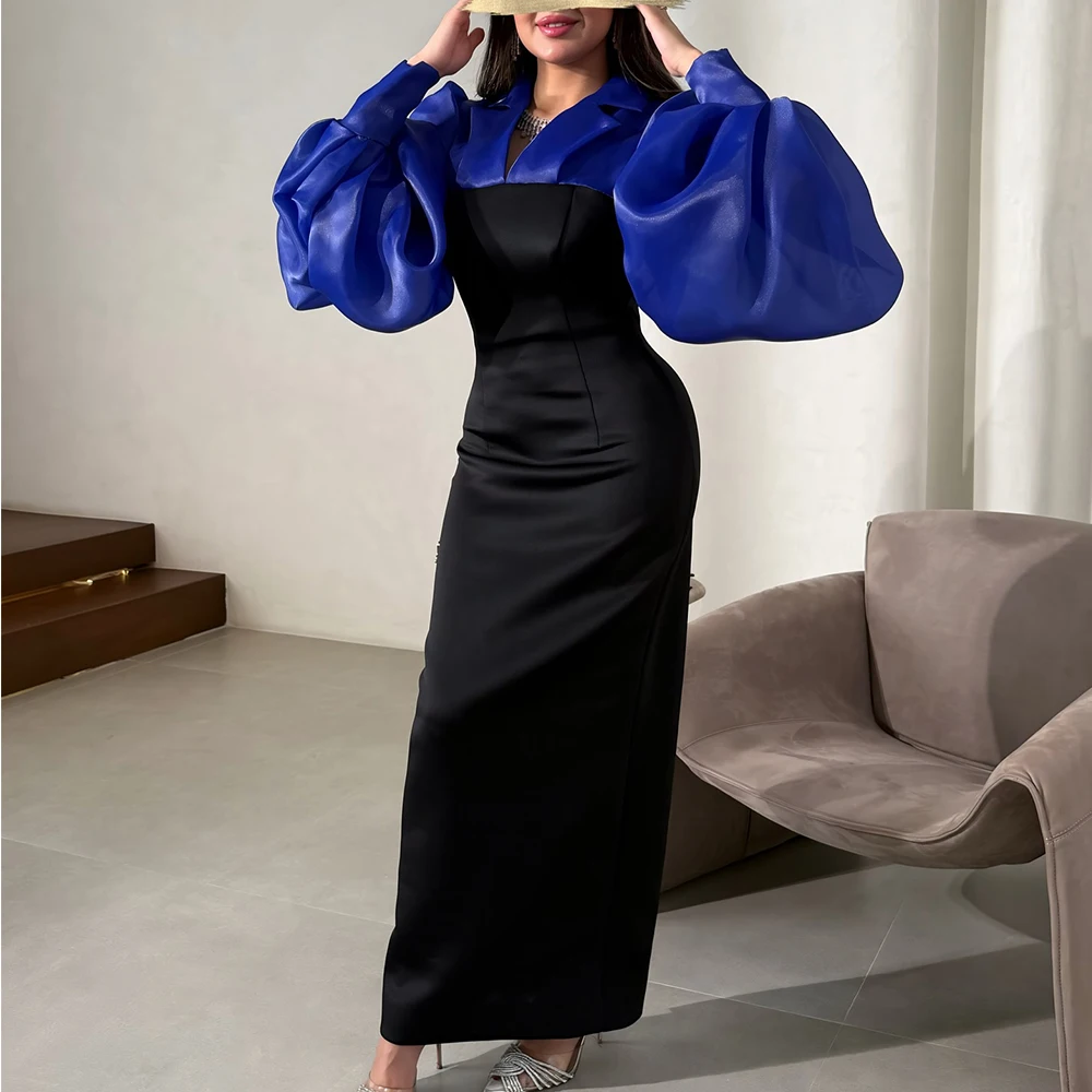 

Customized Formal Satin Off the Shoulder Evening Dress Temperament V-Neck Straight Long Sleeves Floor Length Celebrity Gowns