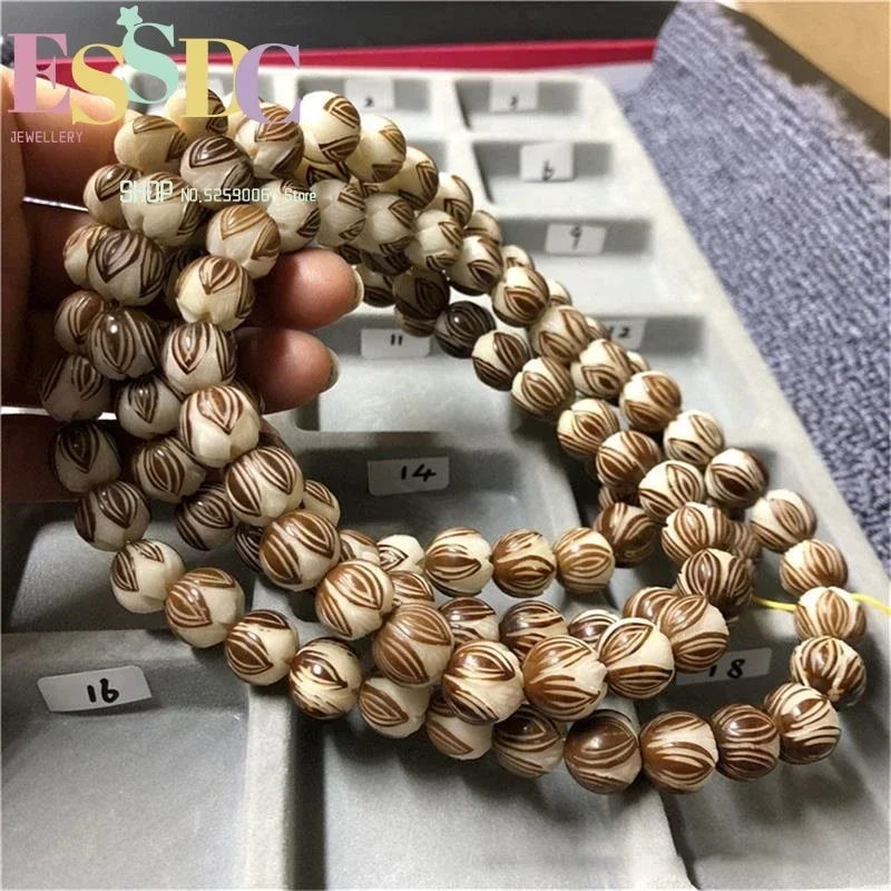 Wholesale Natural With the Skin of White Bodhi Root 108 Carving Lotus Mala Bracelets DIY Buddha Beads Ornaments Jewelry